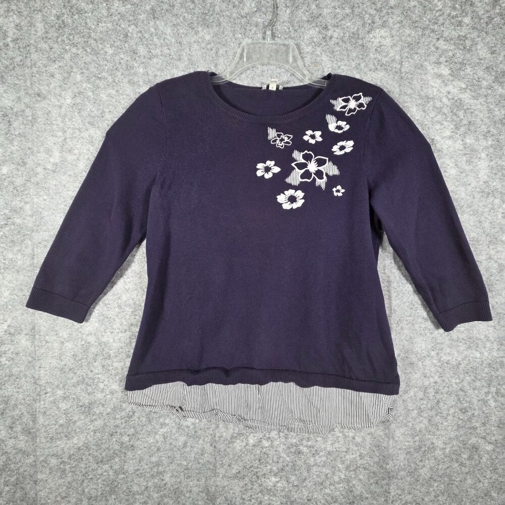 Talbots Women's Knit top Round Neckline Shirt Tail Hem Pullover Top Blue Size M